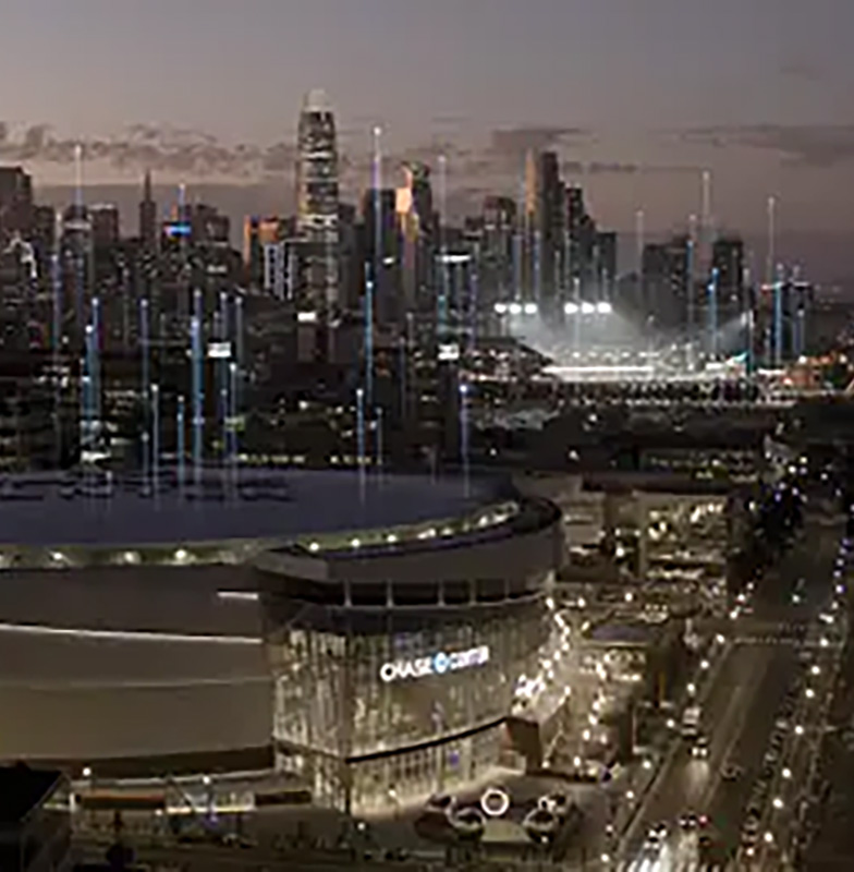 Cityscape with the Chase Center, San Francisco, USA during night-time