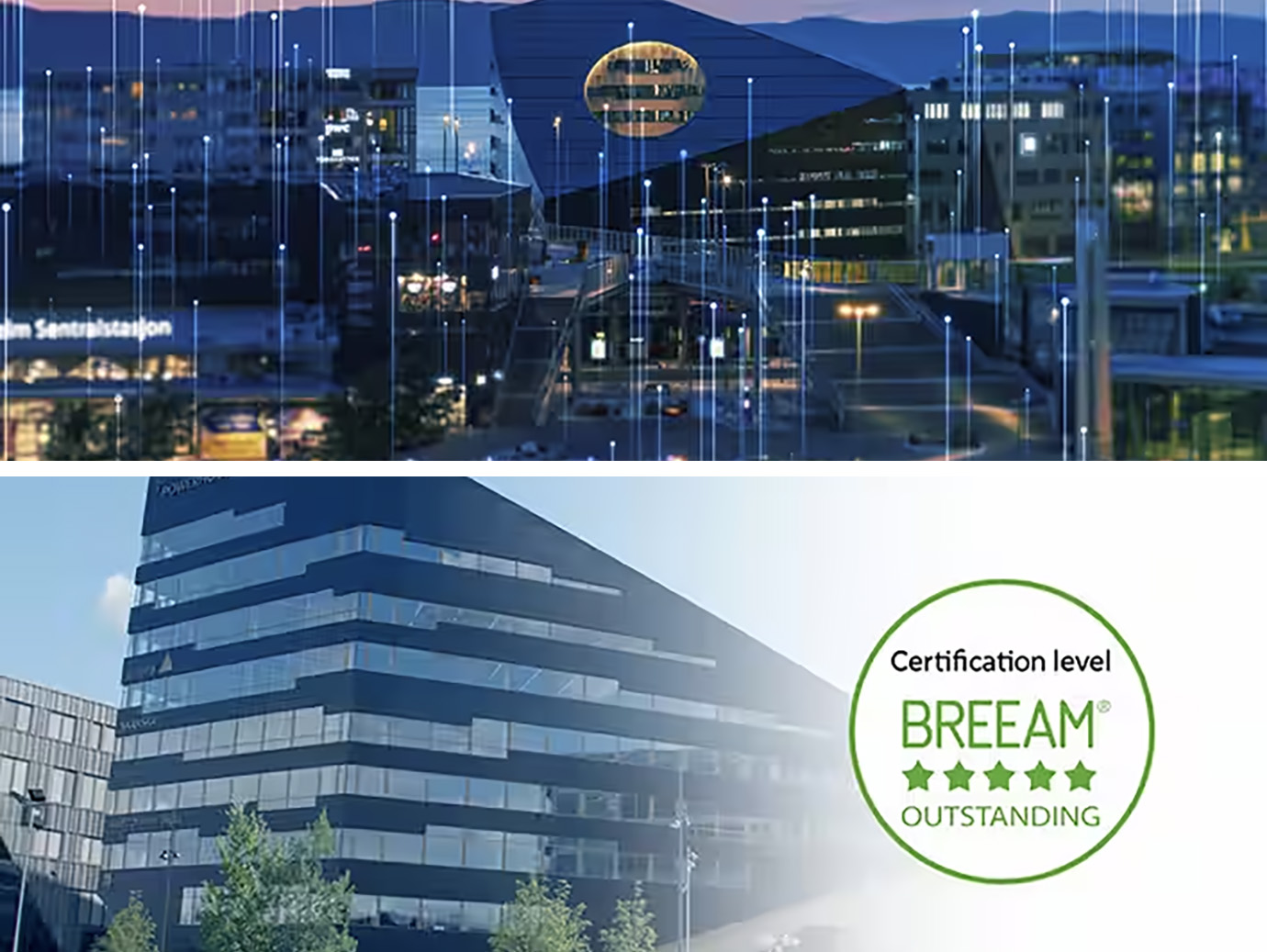 Exterior of the Powerhouse Brattørkaia in Trondheim, Norway during night-time