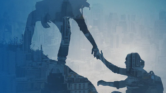 A mountaineer helping another mountaineer to climb with an overlay of a cityscape