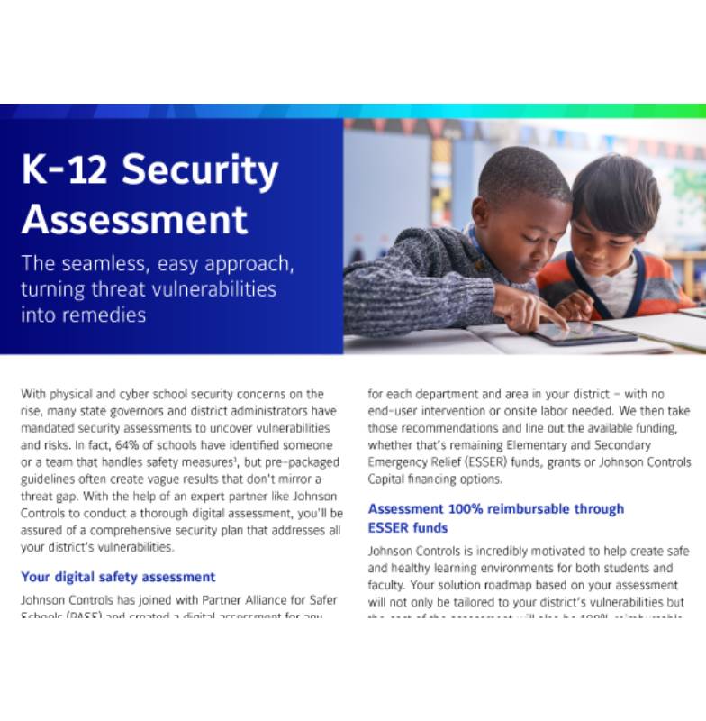 A K-12 security assessment document pamphlet from Johnson Controls