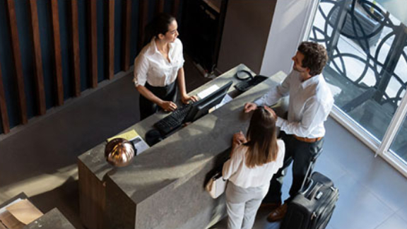 Downward view of a couple at a hotel reception