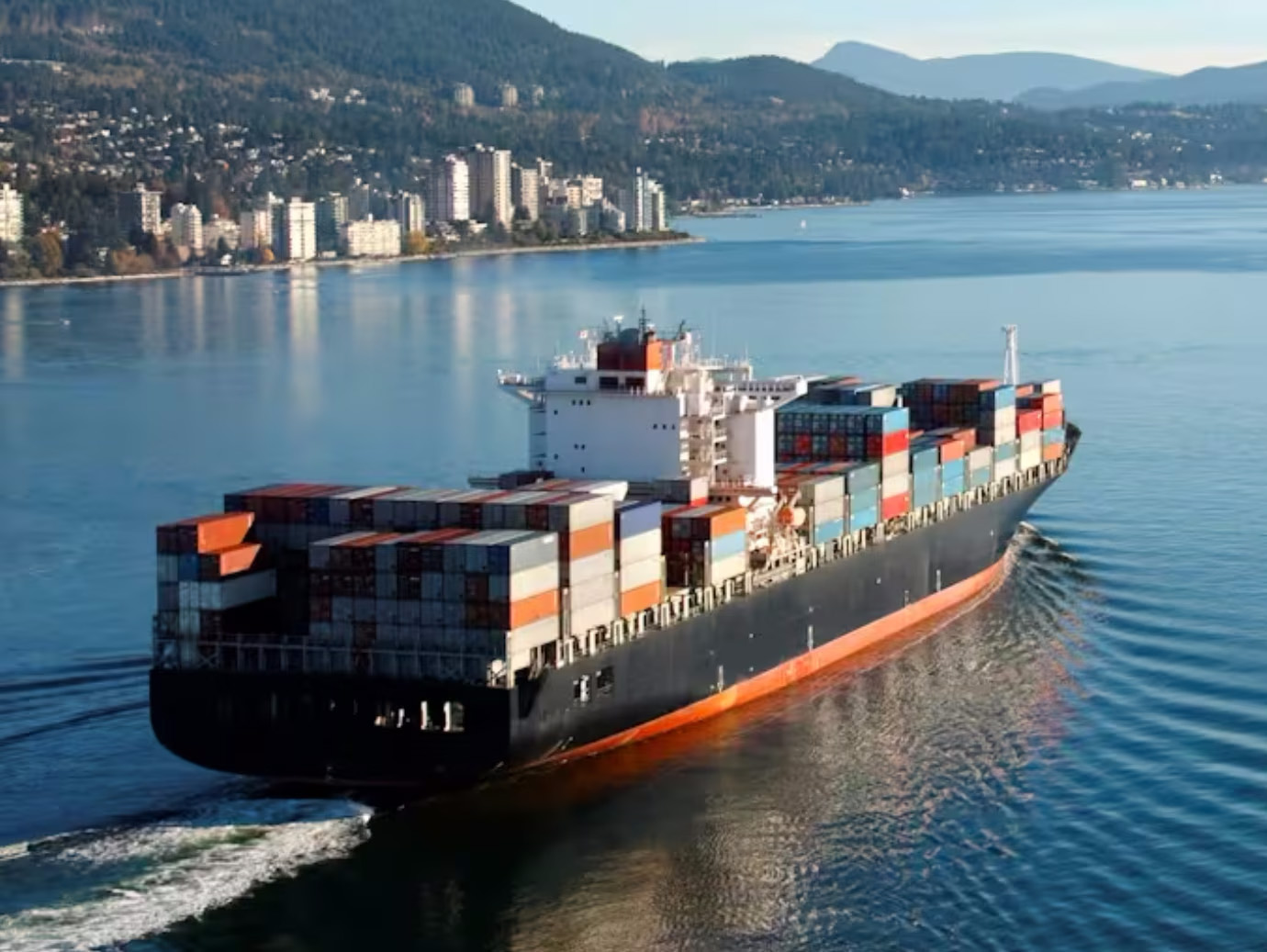 A full cargo ship sailing in the sea