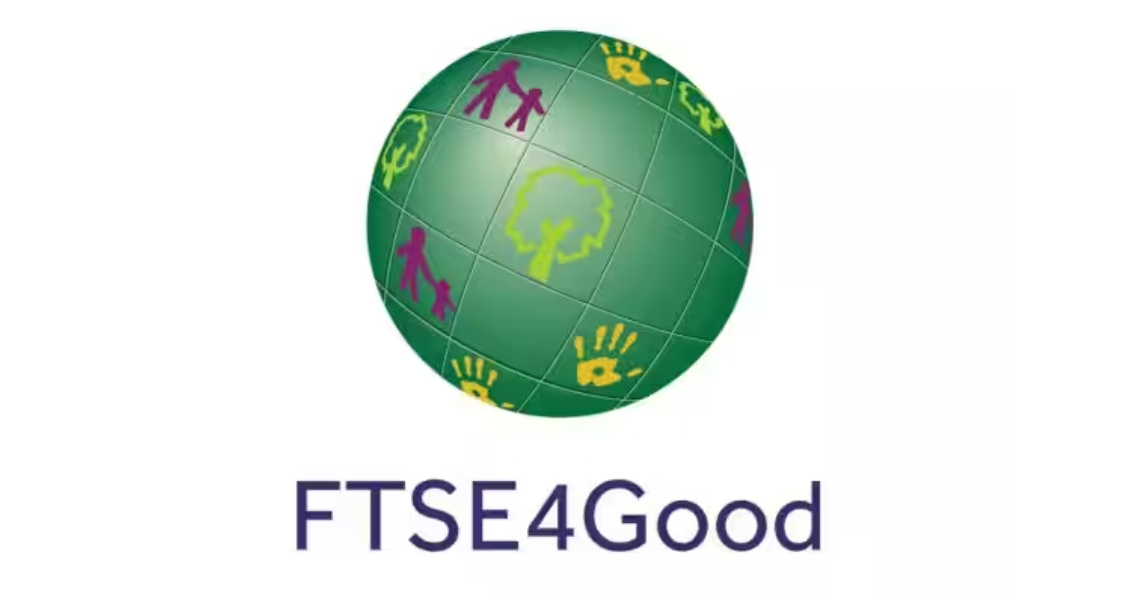 Logo of the FTSE4Good Index Series, featuring a green globe with handprints and drawings of trees on it