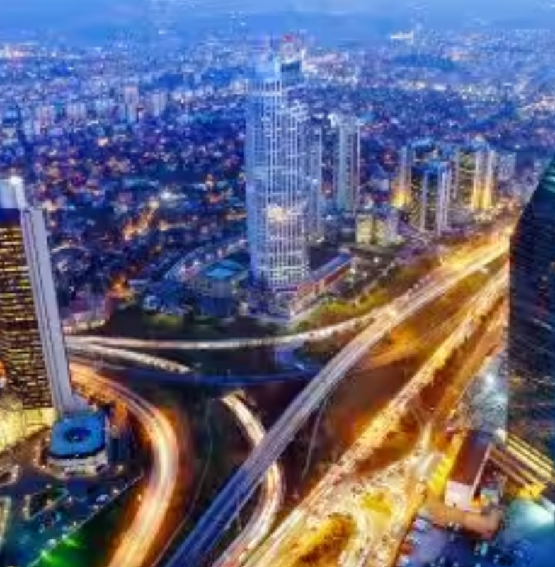 Aerial view of Istanbul's cityscape lit up at night