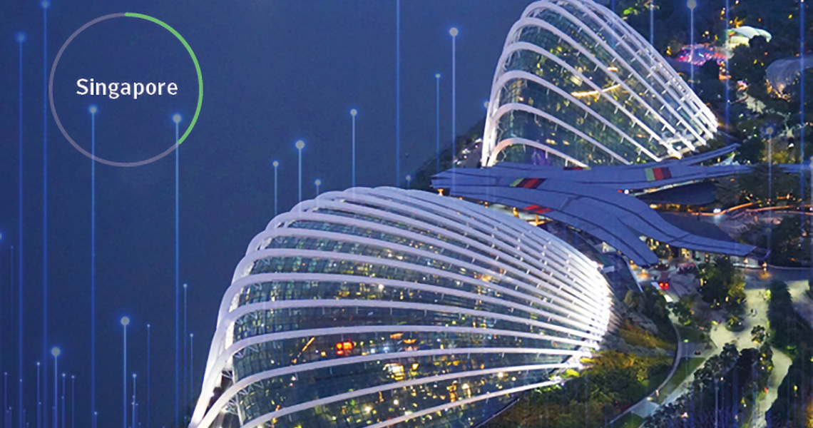Ariel view of Gardens by the Bay in Singapore at night wtih graphics