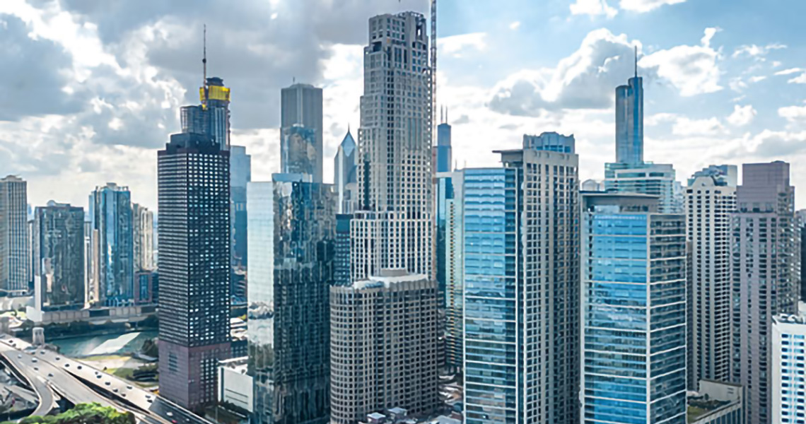 Aerial view of urban cityscape with skyscrapers