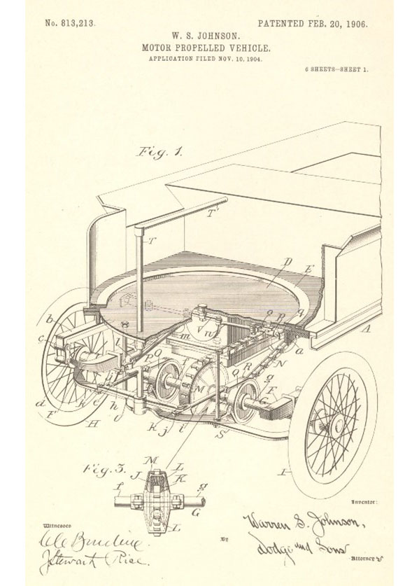 An illustration in Warren Johnson's patent 813,213 depicting the truck's "fifth-wheel"