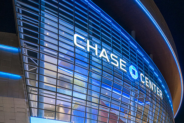 Close-up of the exterior of the Chase Center in San Francisco during night-time