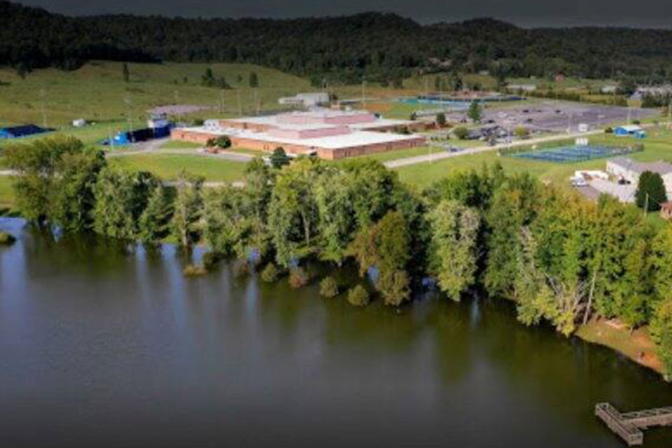 Aerial view of the Livingston Academy in Livingston, Tennessee across a lake