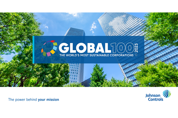 Banner for the 2023 Global 100 Listing of the World's Most Sustainable Corporations against a background of trees and buildings
