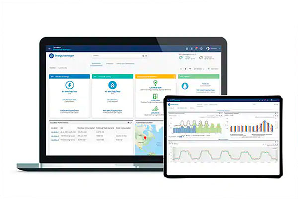 A laptop screen and a tablet screen displaying the OpenBlue Performance Advisor application