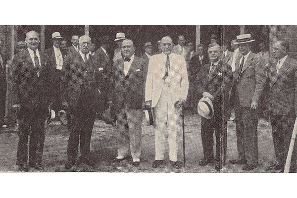 Members of the U. S. Capitol Power Plant inspection group (from left to right): L. Williams, Engineer-in-Chief; W. S. Shipley, York Ice Machinery Corporation president; Congressman John O’Connor and House Speaker William Bankhead (the House Office Building Commission); Congressman H. L. Haines (of York, Pennsylvania); David Lynn, Architect of the Capitol; and Charles S. Leopold, consulting engineer