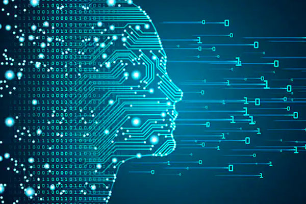 Abstract digital human face with optic fibres and binary digits